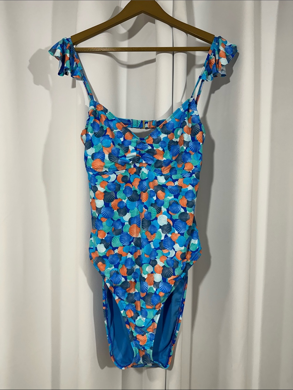NWT Decree Blue Seashell Print One Piece Swimsuit XL Ruffle Straps